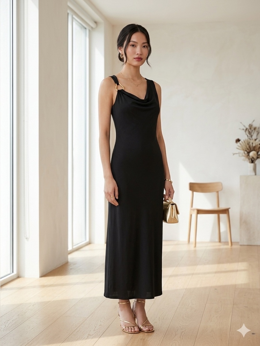 Zara black knit midi dress with gold shoulder detail - size Small (S)
